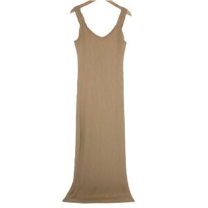 Y2K Ribbed Maxi Tank Dress Bodycon Tan High Slit Ruffle Straps Women’s Size XL